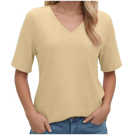 vigerkar Summer Tops for Women 2025 Women Casual Fashion Solid Color V Neck Short Sleeved T Shirt Basic Beige, L