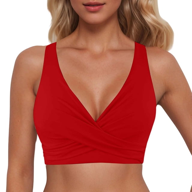 GPOECD Tankinis pour Femmes, Haut Décontracté Uni à Col en V avec Dos Croisé, Maillots de Bain Tankini Rouge_001,L