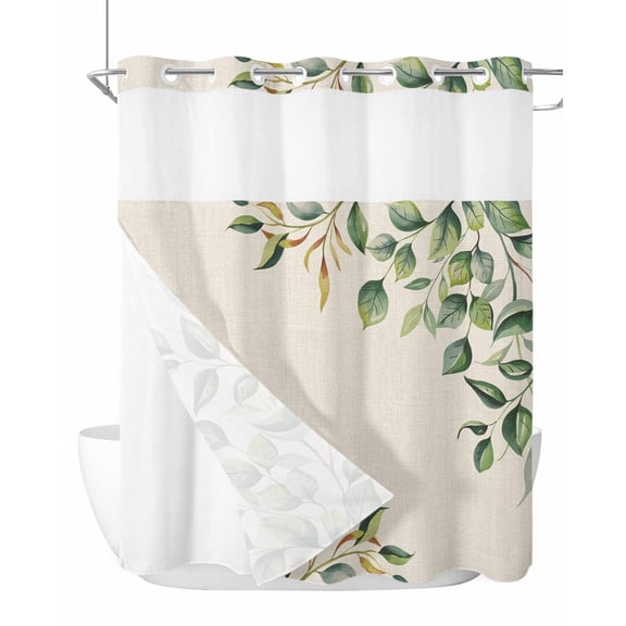 No Hook Cloth Fabric Shower Curtain with Snap in Liner, Eucalyptus Waterproof Shower Curtains Set with See Through Top Window, Vintage Botanical Plant Country Pastoral Bath Curtains Shower 72"x72"