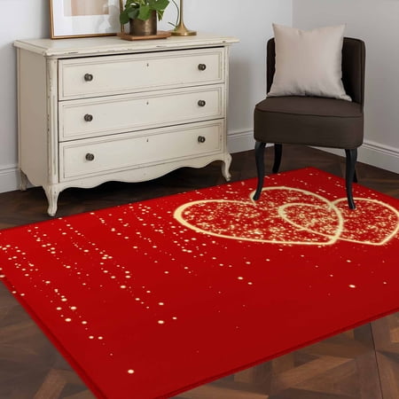 3 x5 Area Rugs Valentine s Day Indoor Outdoor Area Rug for Living Room Bedroom Red Romantic Golden Love Modern Art Washable Bathroom Rugs Kitchen Floor Carpet Mats Home Decor Aesthetic