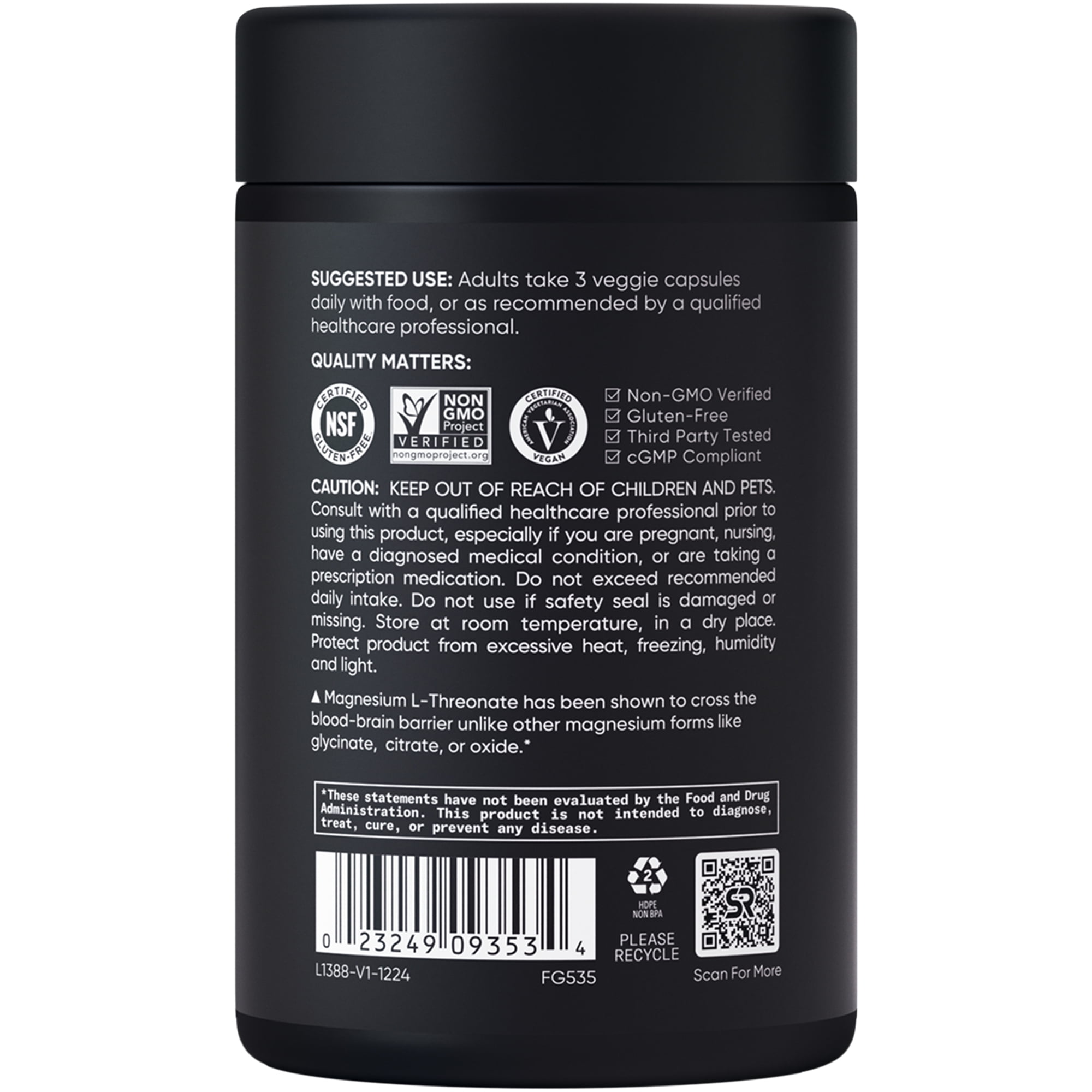 Sports Research Magtein Magnesium L-Threonate Capsules Supplement for Memory, Focus & Cognition - Supports Brain Health, Sleep & Mood - 2000mg, 87 Capsules