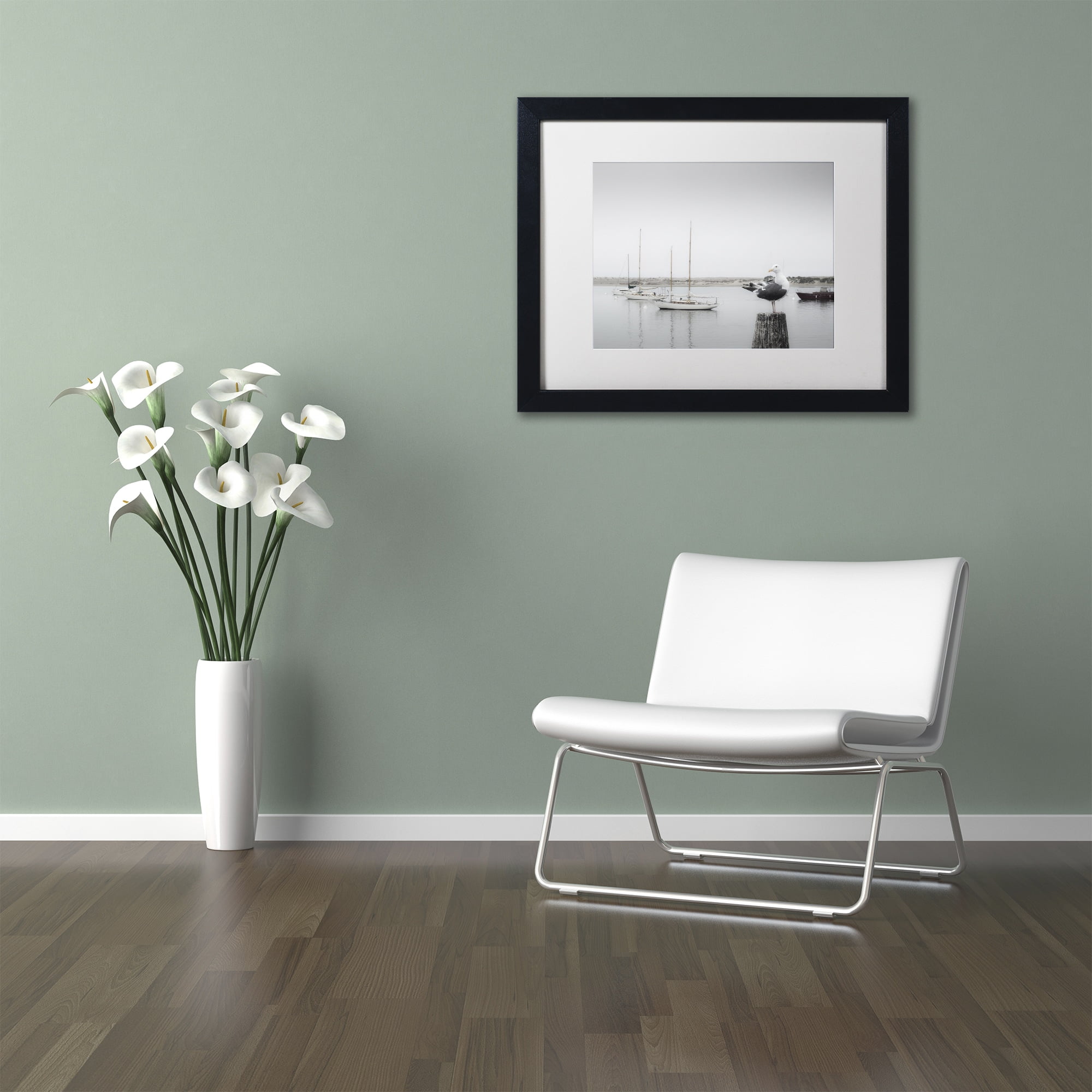 Trademark Fine Art "Four Boats and Seagull" Canvas Art by Moises Levy White Matte, Black Frame