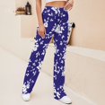 thumbnail image 4 of White Roses Blue Background Floral Pattern Women's Wide Leg Pants High Waist Adjustable Knot Loose Casual Trousers Business Work Casual Pants, 4 of 8