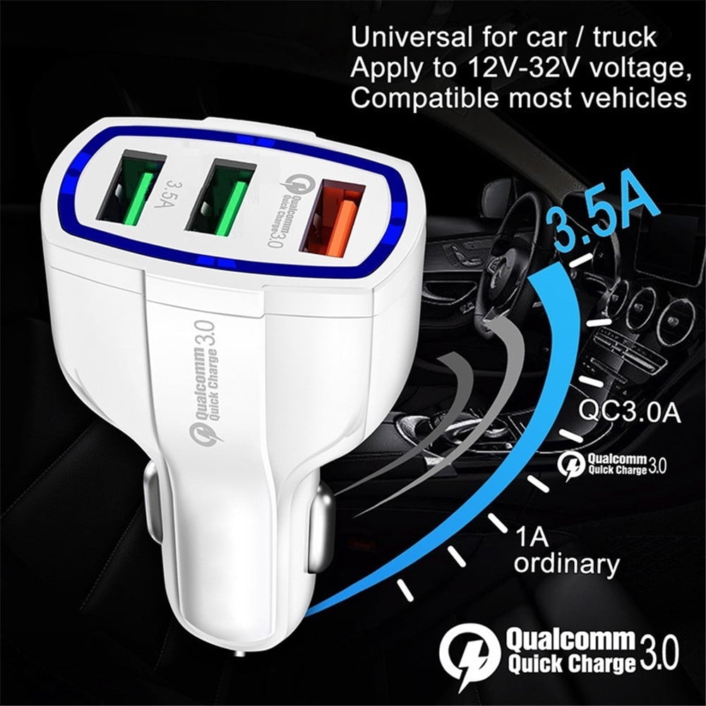 3-Port USB QualComm Quick Charge Car Charger Fast QC3.0 USB Port For iPhone X iPhone 8 Plus Samsung Galaxy S8 S8+ Plus S9 S9+ Plus Note 9 S7 Edge Note 4 LG G7 OnePlus 5 Google Pixel 2 XL (10-Pack)