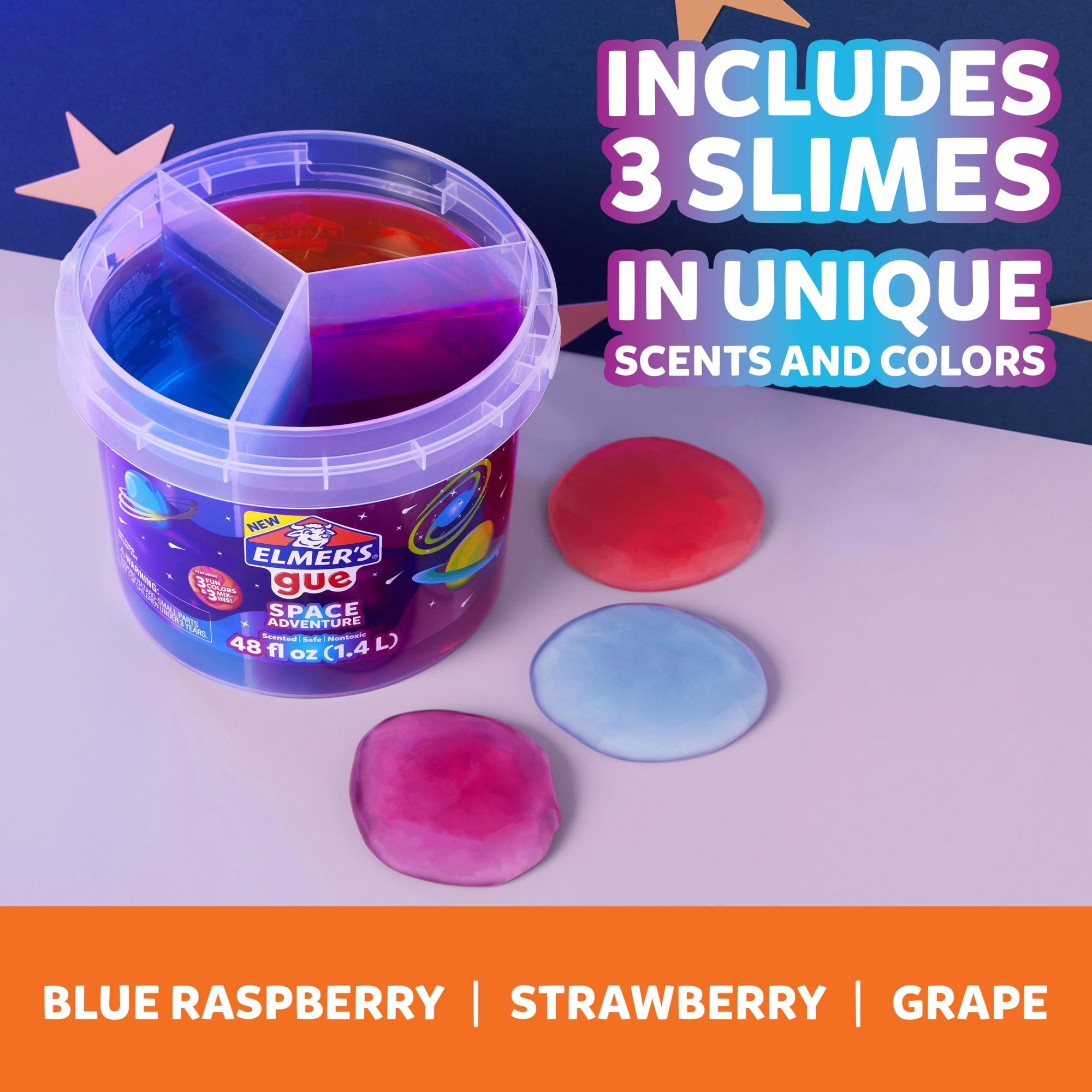 Elmer’s Gue Premade Slime Bucket, Space Adventure Theme, 3 lb. Bucket with 3 Types of Slime and 3 Sets of Add-Ins, Multi Color