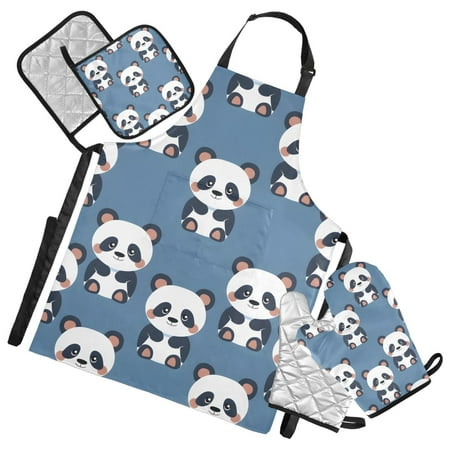 Cute Panda Sit 5 Pcs Kitchen Set Heat Resistant Oven Mitts and Non-Slip Pot Holders with Adjustable Cooking Apron