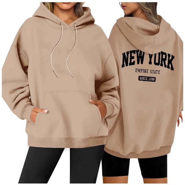Sweat à Capuche Décontracté à Manches Longues et Col Rond Imprimé Lettre pour Femmes avec Poche et Cordon de Serrage (2) Tunique à Fermeture Éclair