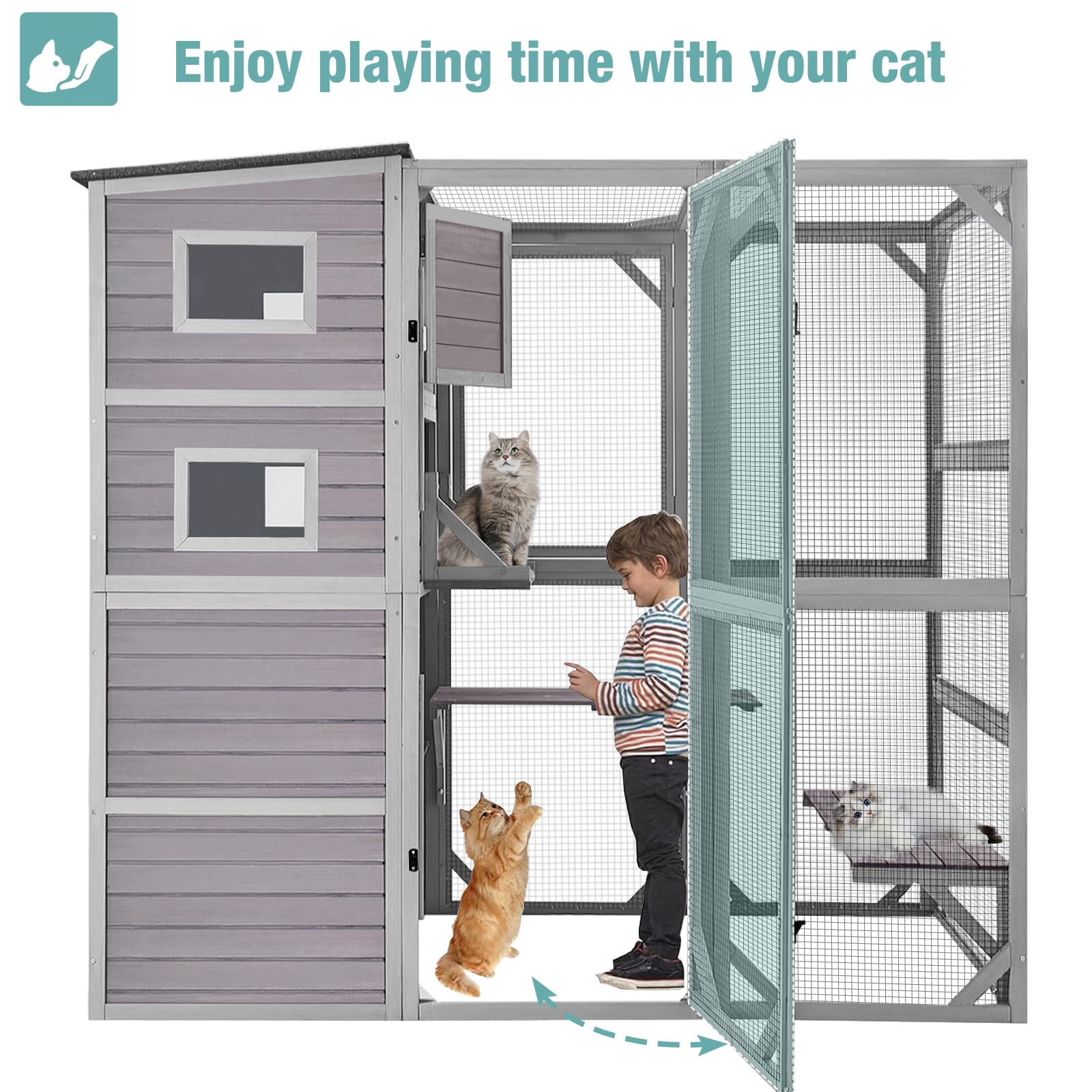 BUTINGLALE Large Catio Outdoor Cat Enclosure with 4 Tiers Weatherproof Roof Kitty House for Outdoor Cats, 77 Inch Heavy-Duty Cat House (Grey, Extra Large)