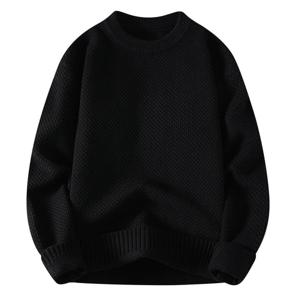 Mens Sweater Crewneck Long Sleeve Pullover Casual Loose Fit Rib Cable Knitted Fall Cozy Lightweight Pullover Sweaters Plain Solid Color Comfy Soft Baggy Streetwear Fashion Jumpers, Black (Large)