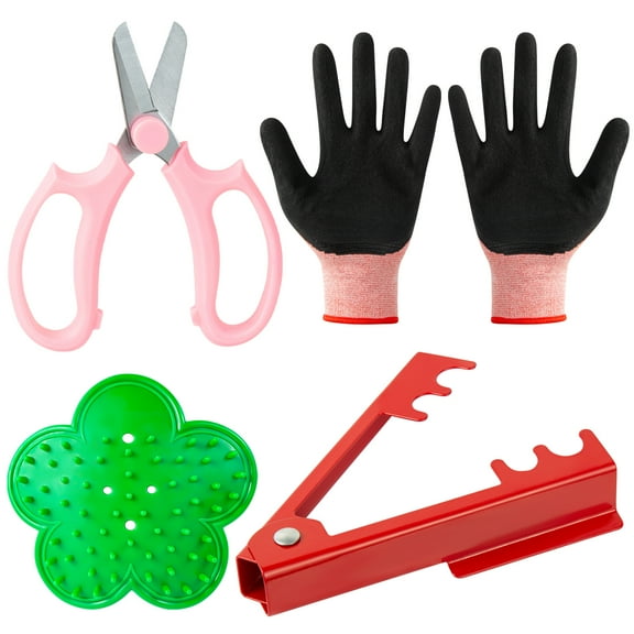 4Pcs Professional Floral Scissors Tool Set, Gardening Scissors, Garden Glove, Flower Stem Burrs Pliers Tool Deburring Tool  Rose Leaf Thorn Stripper Remover