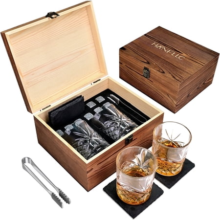 TINANA Whiskey Glass Set Gifts for Men: 11 OZ Scotch Glass, Old Fashioned Whiskey Glasses for Birthday Decorations,Ideal Gifts for Him,Dad,Husband,with Wooden Box,Chilling Stones,Coaster
