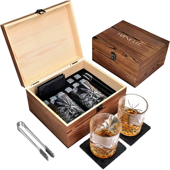 TINANA Whiskey Glass Set Gifts for Men: 11 OZ Scotch Glass, Old Fashioned Whiskey Glasses for Birthday Decorations,Ideal Gifts for Him,Dad,Husband,with Wooden Box,Chilling Stones,Coaster