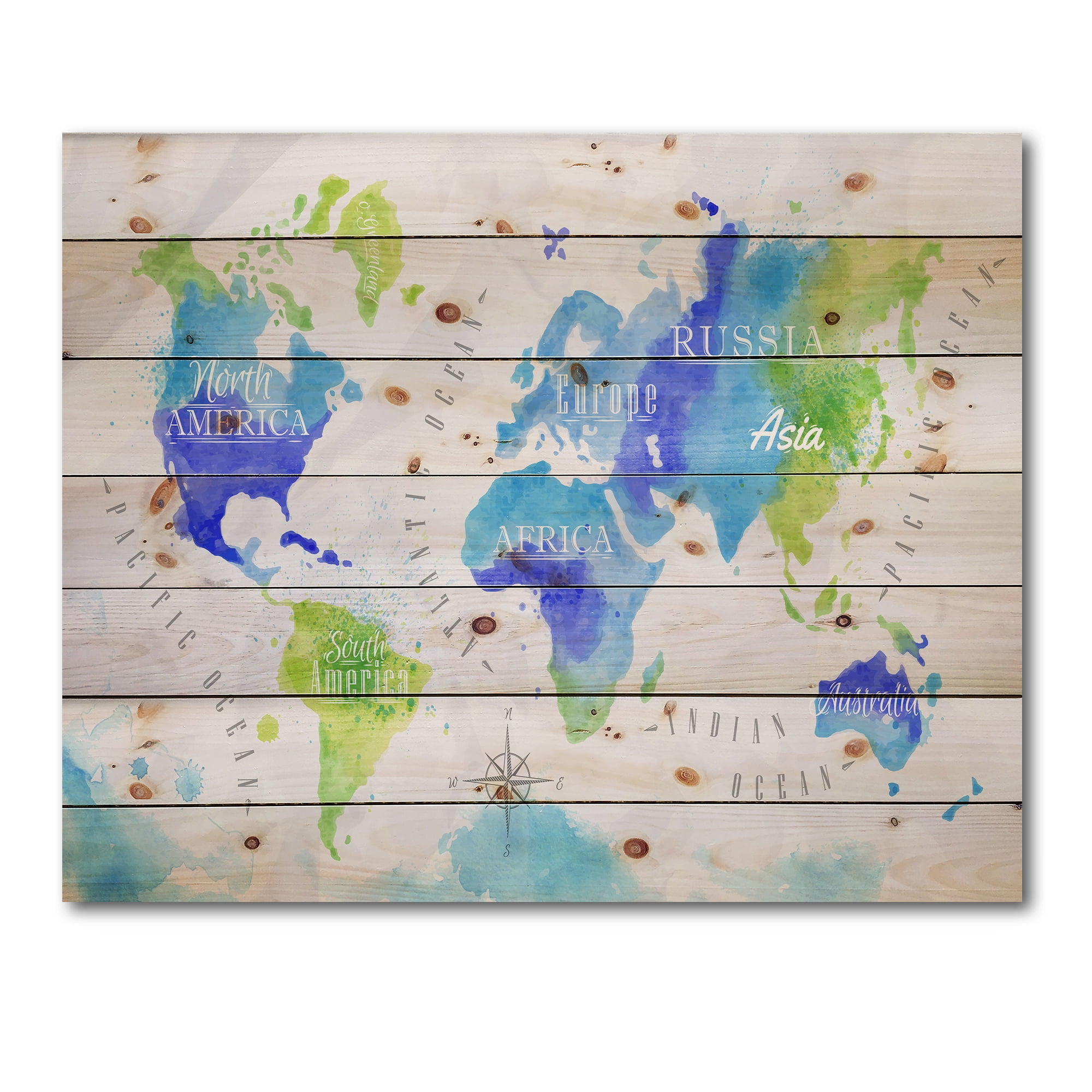 Designart 'World Map In Blue and Green' Modern Print on Natural Pine Wood