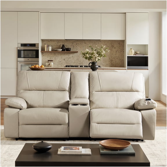 JERFIT Modern Power Reclining Loveseat Sofa with Cup Holders and Storage, Beige Faux Leather