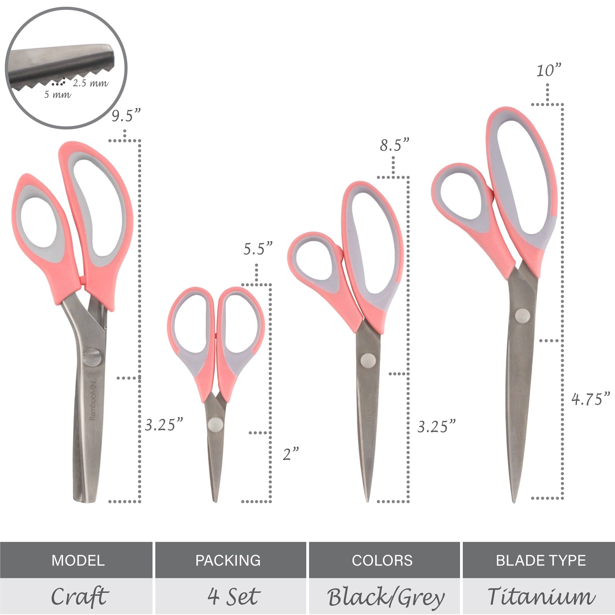 JubileeYarn Titanium Softgrip Scissors Set - Pinking, Sewing, Arts, Crafts, Office - 3 Sets of 4 - Pink
