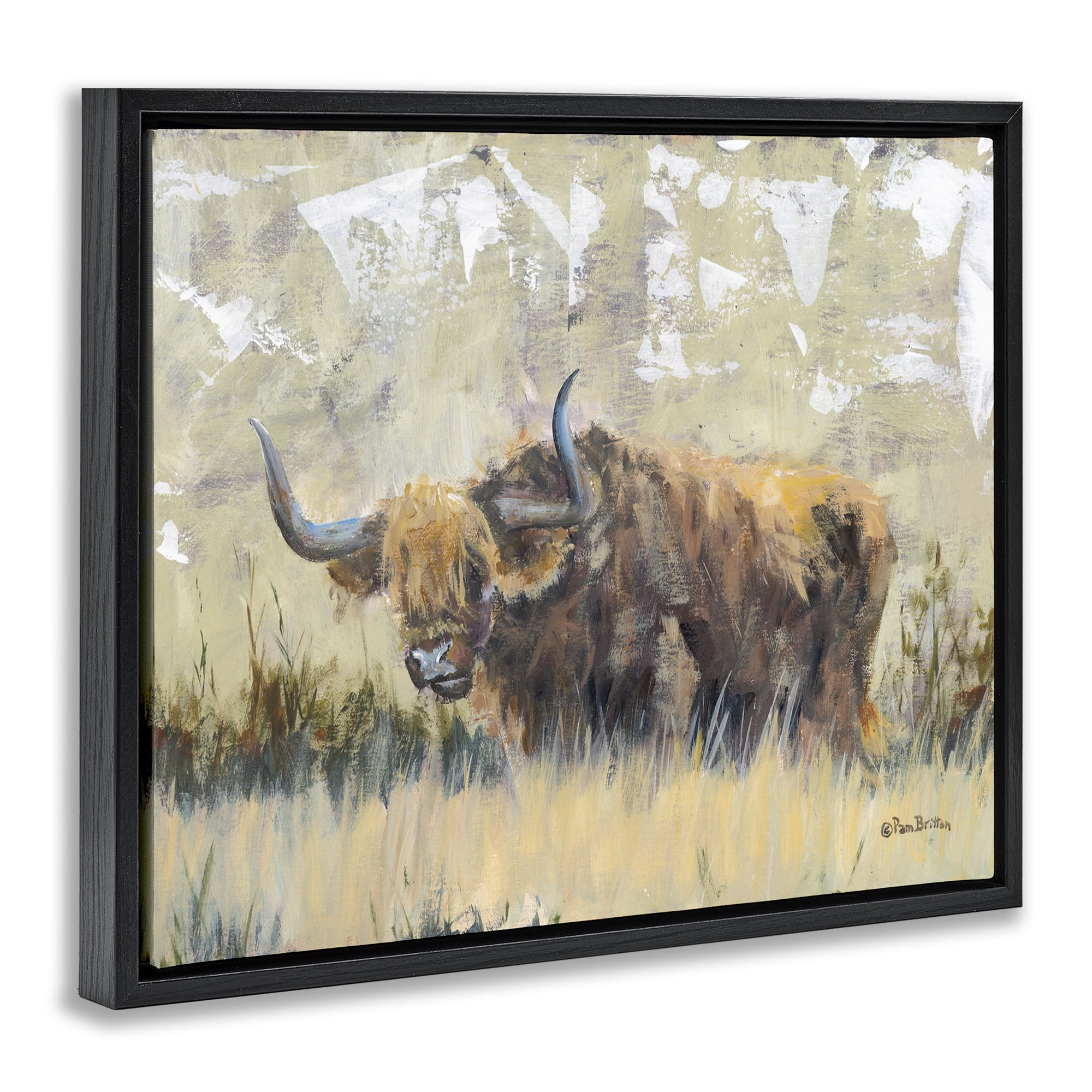 Stupell Industries Rustic Patterned Longhorn Animals & Insects Painting Black Floater Framed Canvas Art Print Wall Art, 21 x 17