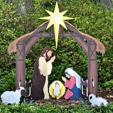 Teak Isle Outdoor Nativity Set | Weatherproof Printed Holy Family Outdoor Nativity Scene for Yards and