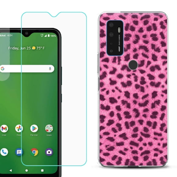 Slim-Fit Gel TPU Phone Case for Cricket Dream 5G, with Tempered Glass Screen Protector, by OneToughShield ® - Cheetah Pink