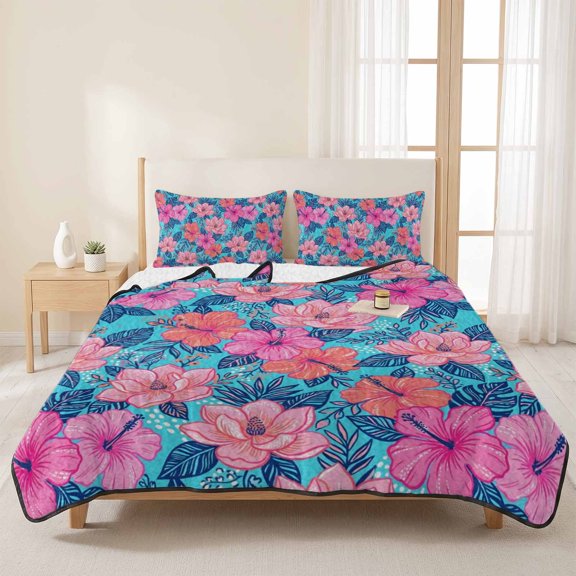 Queen Quilt Set, Exotic Pink Red Floral Blue Leaves Lightweight Quilt Sets Summer Comforter Coverlets with 2 Pillow Shams, Boho Tropical Plants Breathable 3 Piece Bedding Set for All Seasons