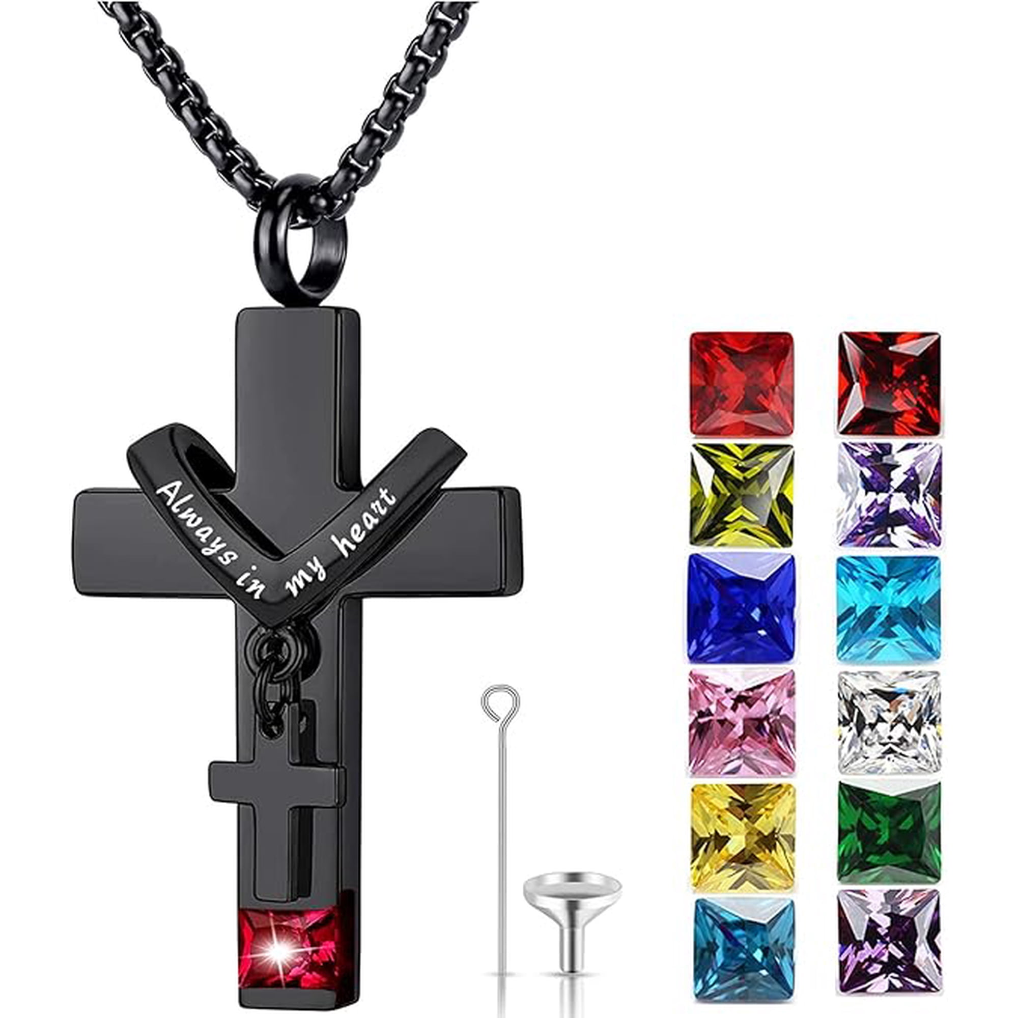 Birthstone Urn Necklaces for Ashes Cross With 12 Birthstones Cross Urns for Human Ashes Memorial Cremation Urn Locket Keepsake Ashes Jewelry