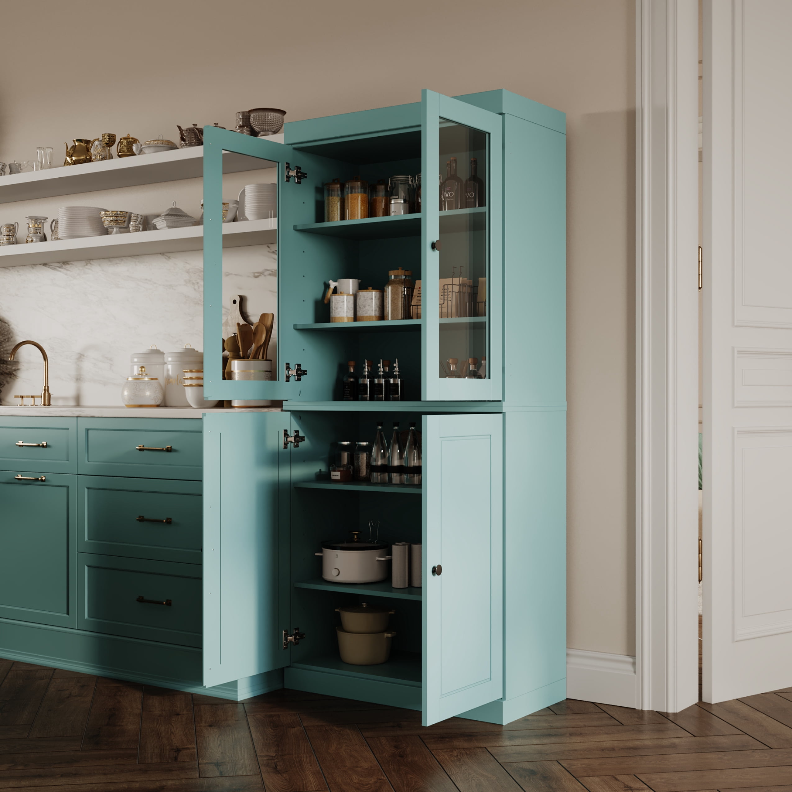 Palace Imports 100% Solid Wood Kitchen Pantry Storage Cabinet with Glass & Raised Panel Doors and Adjustable Shelves, 4-Door, Aqua Blue