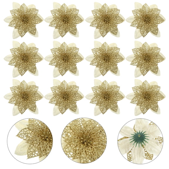 GAXIRE 12Pcs Hollow Flat Glitter Poinsettia Flowers Decorative Ornaments for Living Room and Shopping Center