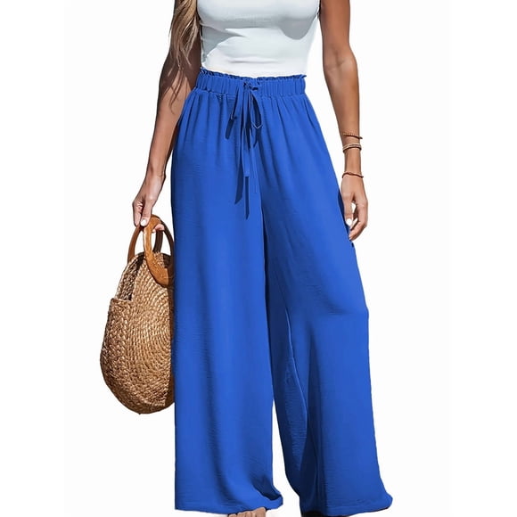 Women Wide Leg Pants High Waisted Trousers Linen Lounge Beach Cover Ups Flowy Pants Blue M