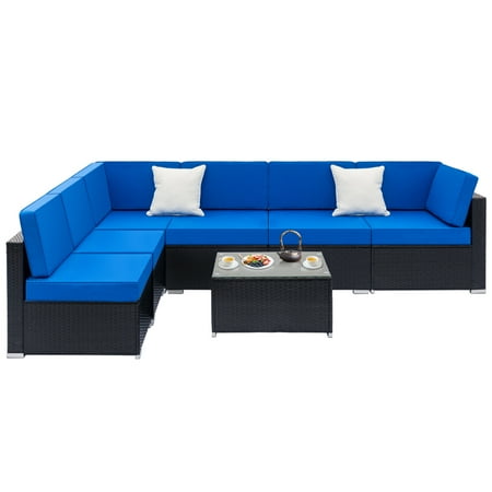Backyard Pool And Patio Ideas Outdoor Wicker Sectional Sofa Set, 7-Piece Patio Furniture Conversation Set w/ Coffee Table & Patio Sofa, All-Weather Rattan Wicker Sofa Set, Outdoor Couch Set for Backyard, Pool, Black, W2259 ()