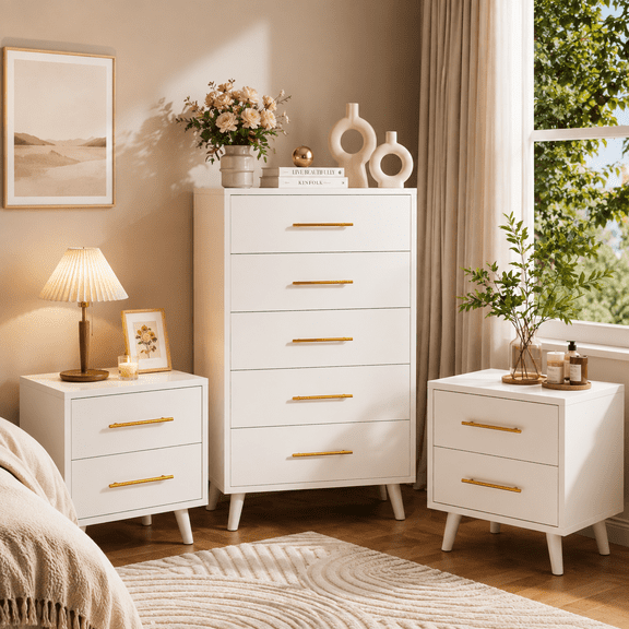 Noelse 3 Piece Bedroom Furniture Set, 5 Drawer Dresser with 2 Nightstands, Modern Wood Storage Organizer with Drawers for Bedroom, Living Room, White