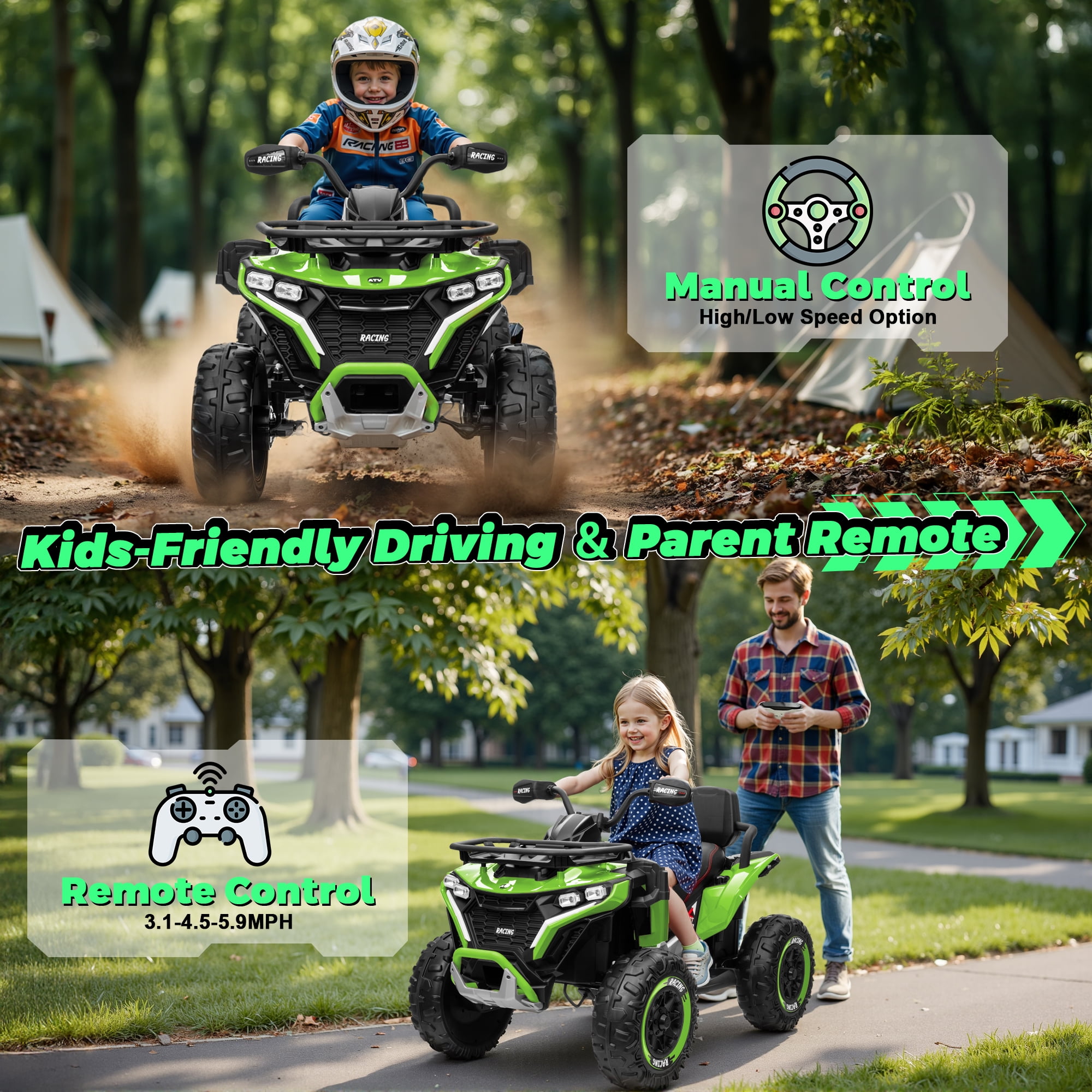 Jorfly 24V Ride on ATV Toys,Power ATV Wheels with Motor, Remote, Bluetooth Music, Horn, LED for Big Kids Gift,Green