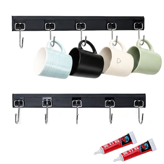 Brabtod 2-Pack Kitchen Utensil Rack with 5 Sliding Wall Hooks, No-Drill Adhesive Mounting, High Load-Bearing Stainless Steel Hooks for Cookware, Mugs & Towels