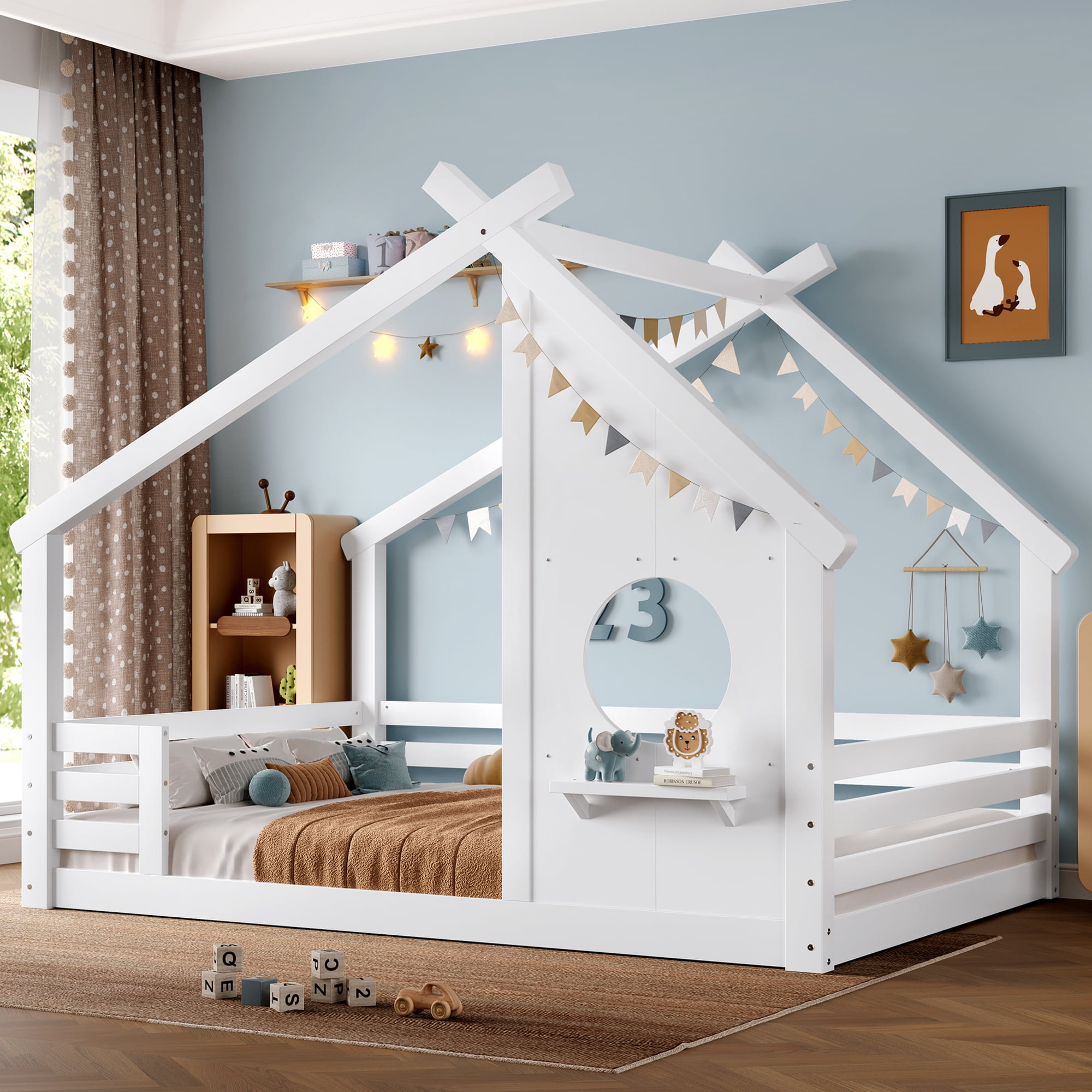Jopath Full Size House Floor Bed with Window and a Small Shelf, Solid Wood Floor Bed with House-shaped Roof for Boys Girls White