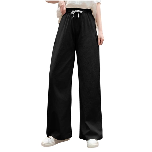Kvture Women's Cotton Linen Drawstring Palazzo Pants Summer Comfy Breathable Daily Going Out Trendy Trousers with Pockets Black XXXL
