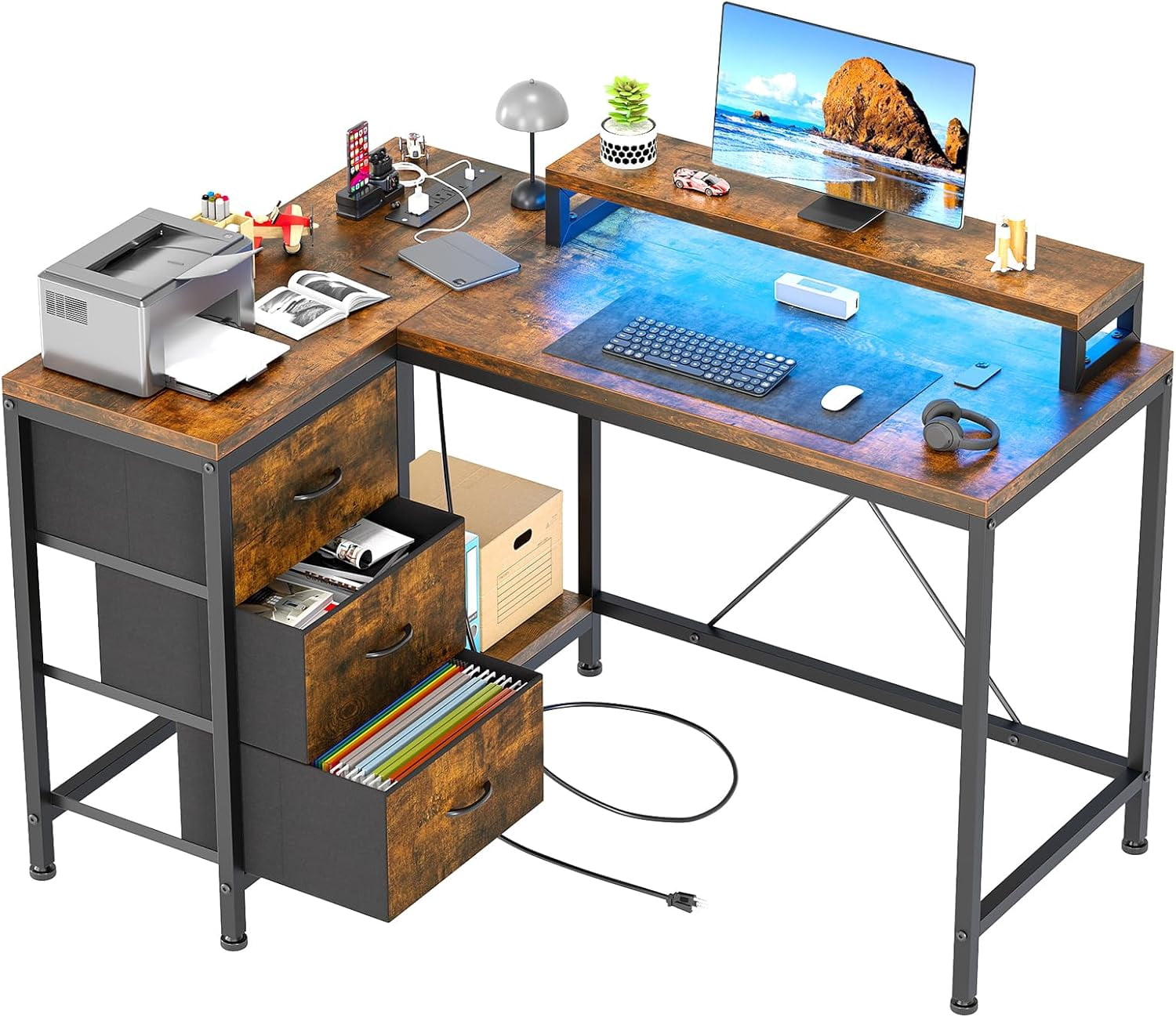 43" L-Shaped Computer Desk with 4 Power Outlets and 7-Color Led Lights, 3-Drawer Gaming Desk
