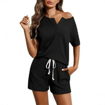 Two Piece Sets for Women Dressy Short Sleeve V-Neck Blouses & Shirts Sets Women's Home Clothing Pajama Set Knitted Fabric Short Sleeve Shorts Two-Piece Set Women Summer Outfits Black xxl