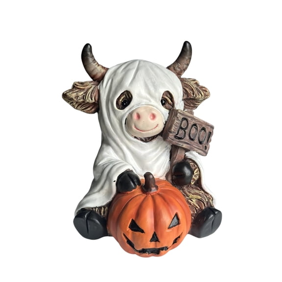 Hallowi Highland Cow Halloween Decor Resin Figurines, Cute Witch Cow Statues with Pumpkin Ghost Accents, Farmhouse Tabletop Decorations
