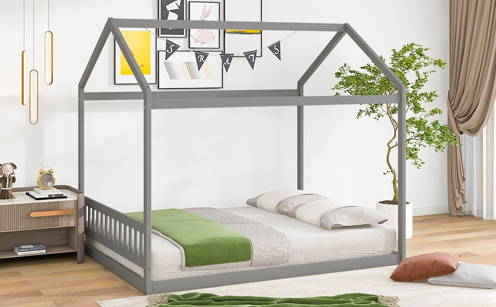 Euroco Wood Queen Size House Shaped Canopy Bed for Adults Living Room, Gray