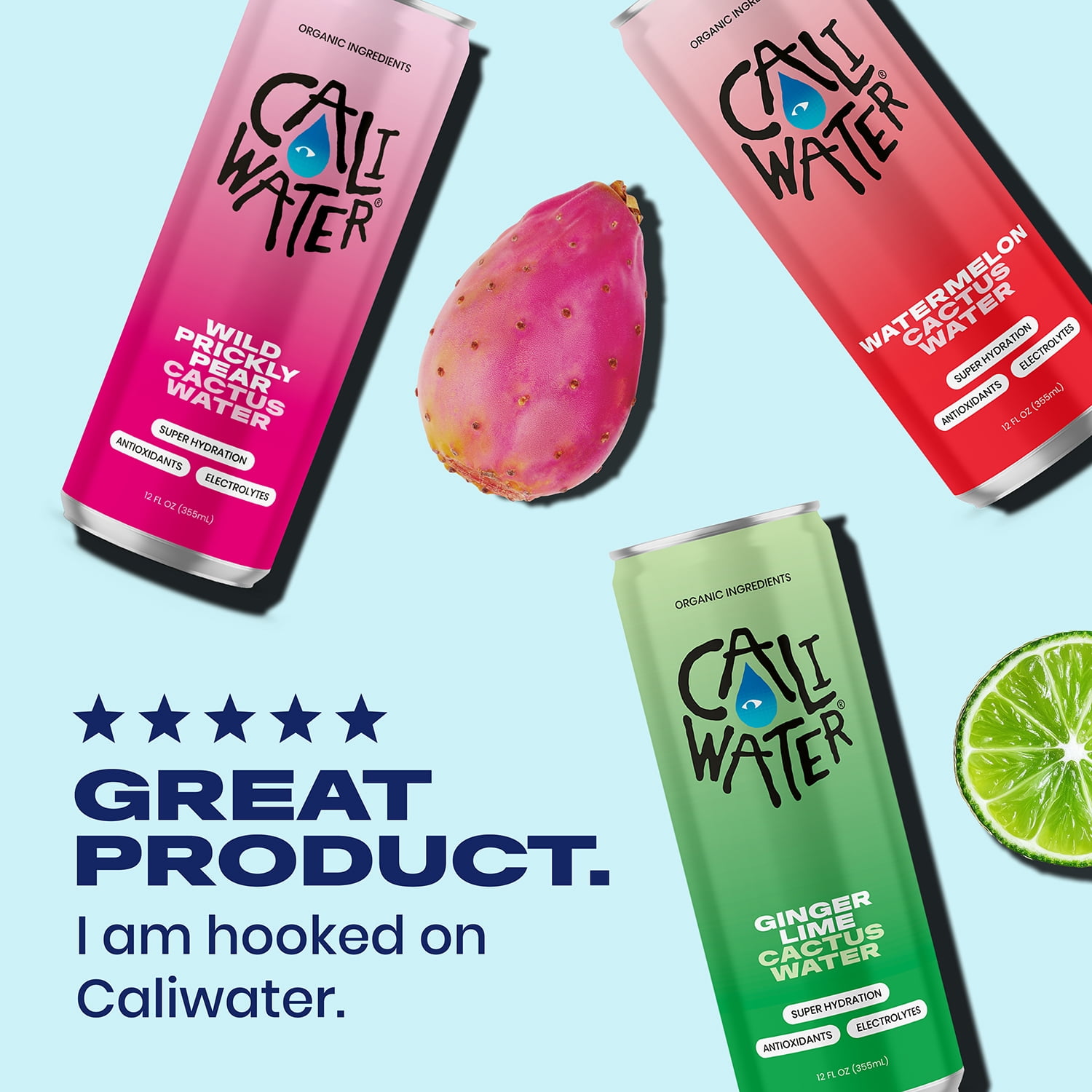 Caliwater Organic Cactus Water Variety Pack Wild Prickly Pear, Ginger Lime, Watermelon, Coconut Water Alternative, Natural Plant Based Hydration, Skin Care, Electrolyte Drinks, 12-Pack 12oz/can