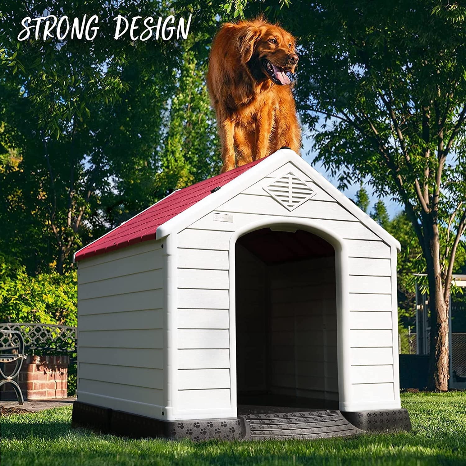 Waleaf Durable Waterproof Plastic Dog House for Small to Large Sized Dogs, Indoor Outdoor Doghouse with Elevated Floor