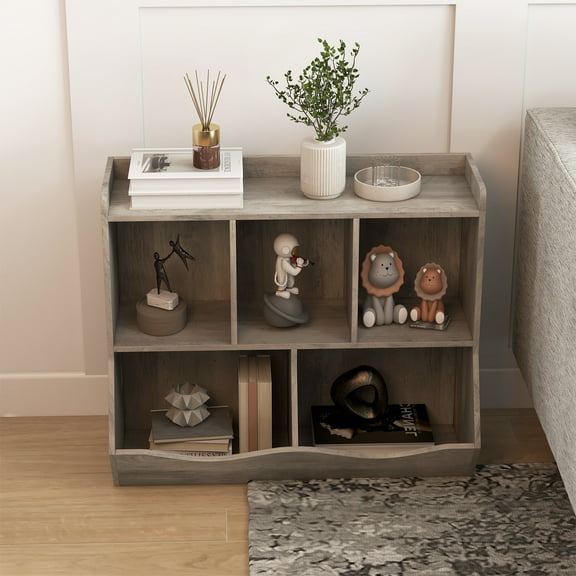 Kids Toy Storage Cabinet with 3 Open Shelves and 2 Tilt Bins for Books and Toys, Anti-Tip Design, Durable Wood Cabinet for Playroom Bedroom