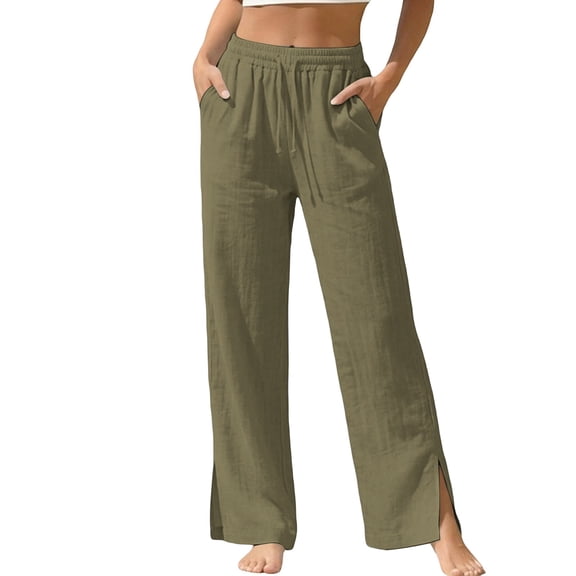 Admvng Women's Cotton Pants Elastic Waist Summer Casual Straight Leg Trousers with Pockets