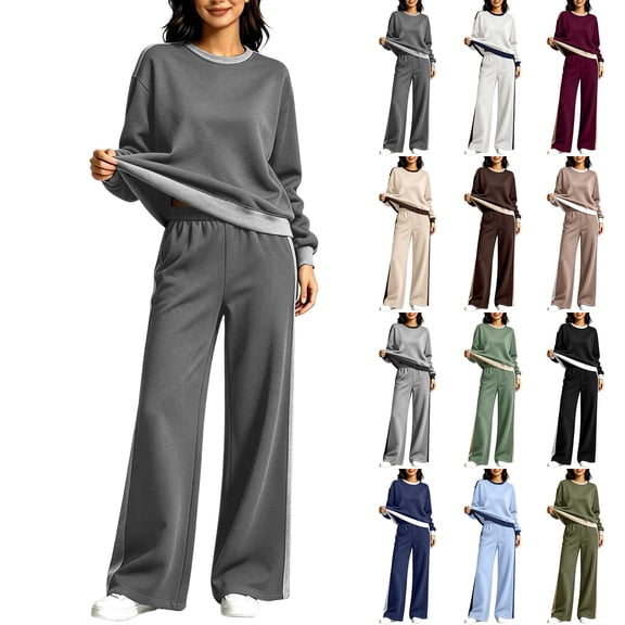 Hilenly Womens Sweatsuits 2 Piece Set Casual Crewneck Long Sleeve Pullover Sweatshirt Sweatpant Color Block Tracksuits