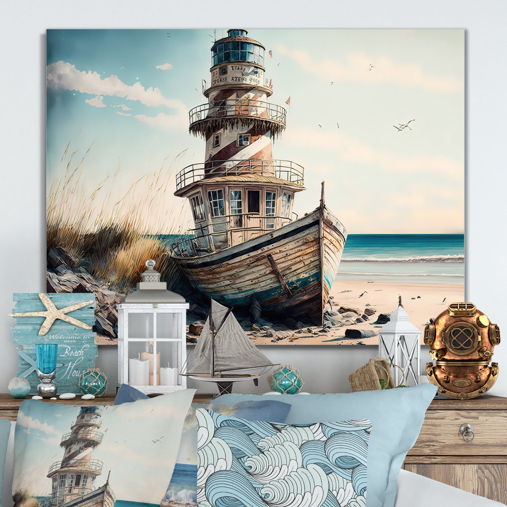 Designart Fishing Boat And Light House II Canvas Wall Art