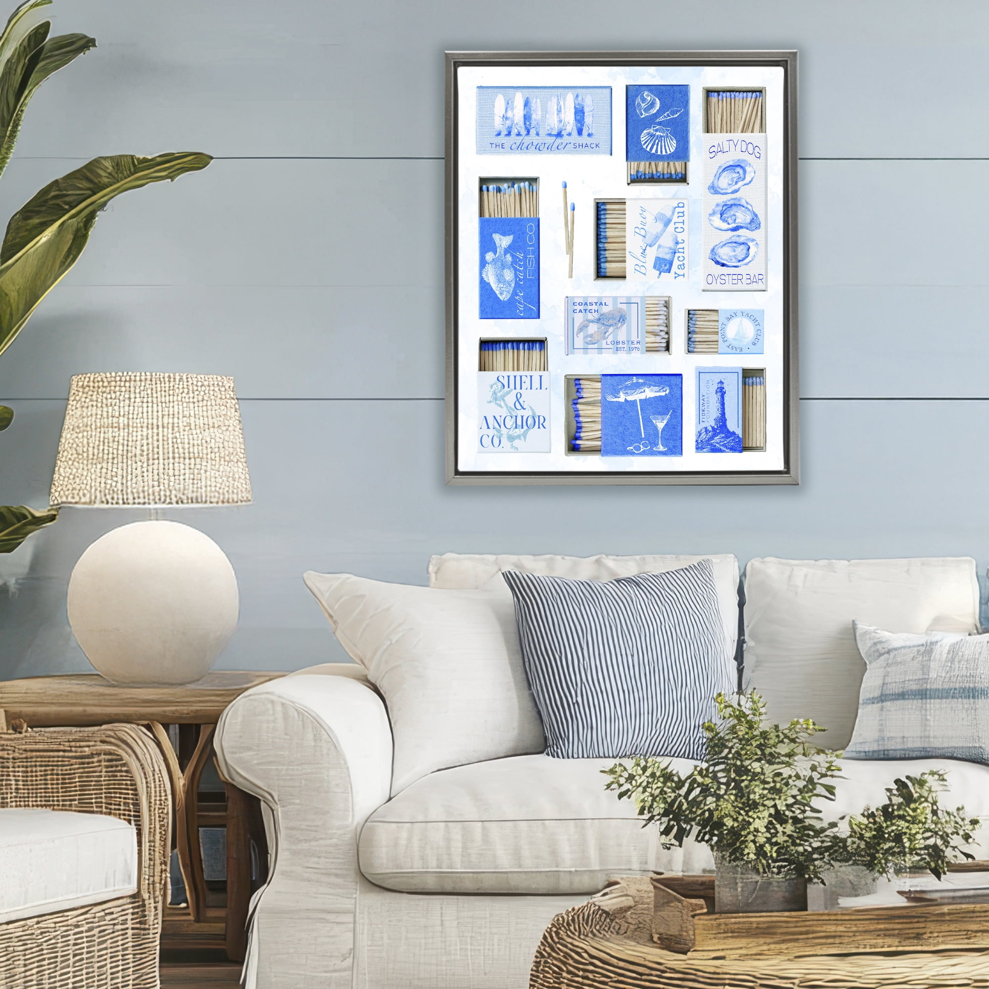 Blue Coastal Matchboxes Gray Framed Floater Canvas Wall Art, design by Ziwei Li