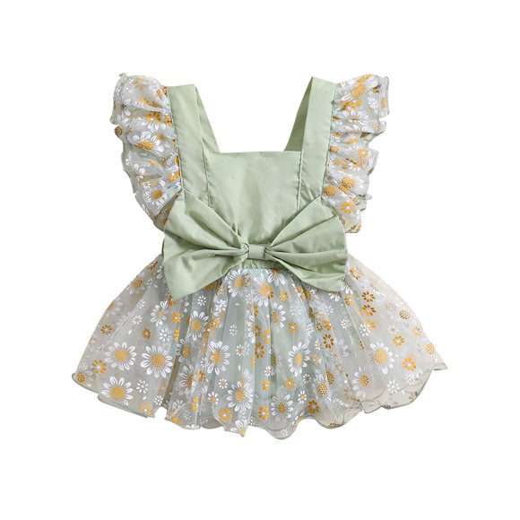 Kmbangi Baby Girls Summer Romper Dress, Fly Sleeve Square Neck Flower Print Bowknot Tulle Patchwork Dresses for 0-24M