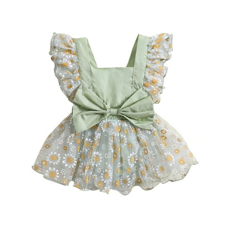 

Biekopu Baby Girls Romper Fly Sleeve Square Neck Flower Print Bowknot Tulle Patchwork Dress 0-24 Months