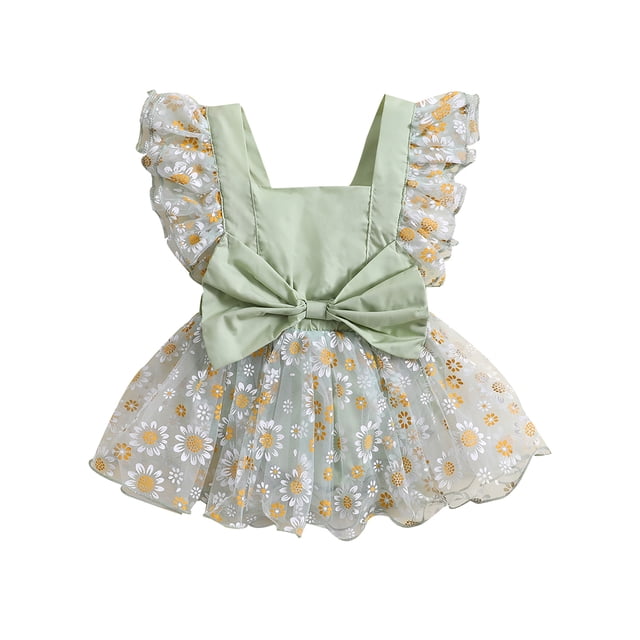 Kmbangi Robe Barboteuse d'Été pour Bébé Fille, Manches Volantées, Encolure Carrée, Imprimé Floral, Nœud, Tulle Patchwork, Robes pour 0-24 m