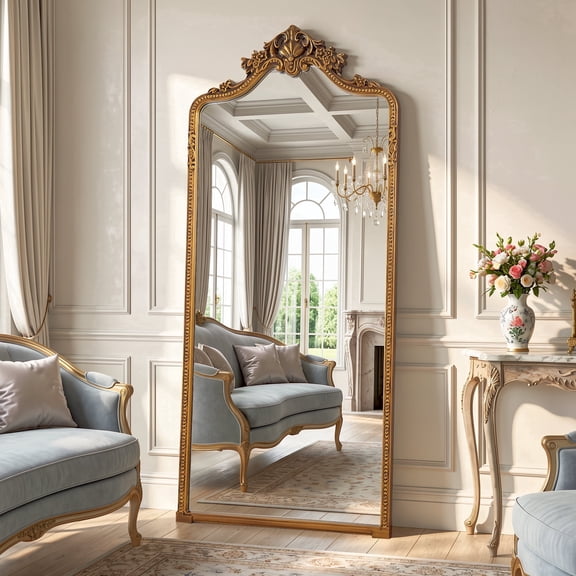 Antok 69"x28" Ornate Arched Full Length Mirror, Vintage Carved Metal Frame Floor Mirror, Gold