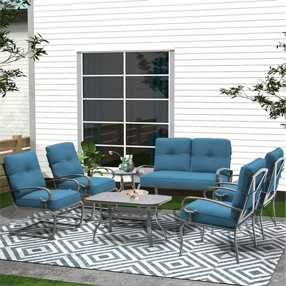 SOLAURA 7-Piece Patio Furniture Outdoor Metal Conversation Set (2 Spring Chairs, 2 Patio Chairs, Loveseat with Coffee Table and Side Table) - Peacock Blue