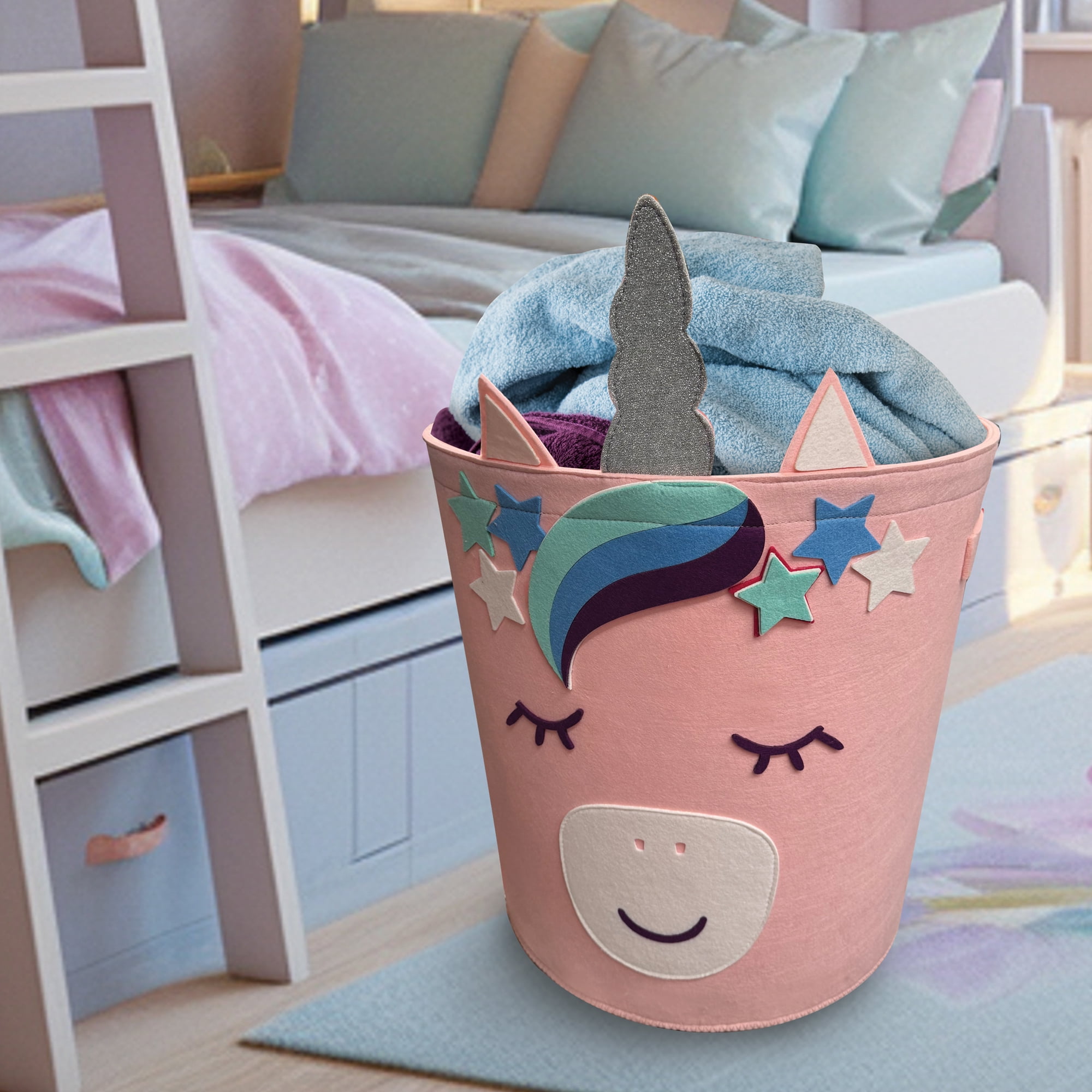 Your Zone Kids Unicorn Felt Storage Floor Storage Basket with Handles, 17 in x 17.5 in